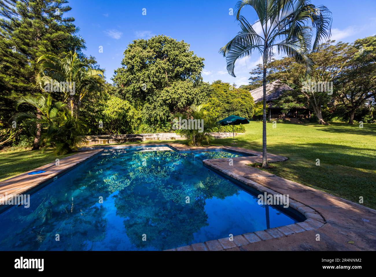 Pool and garden Kumbali Country Lodge near Lilongwe, Malawi Stock Photo