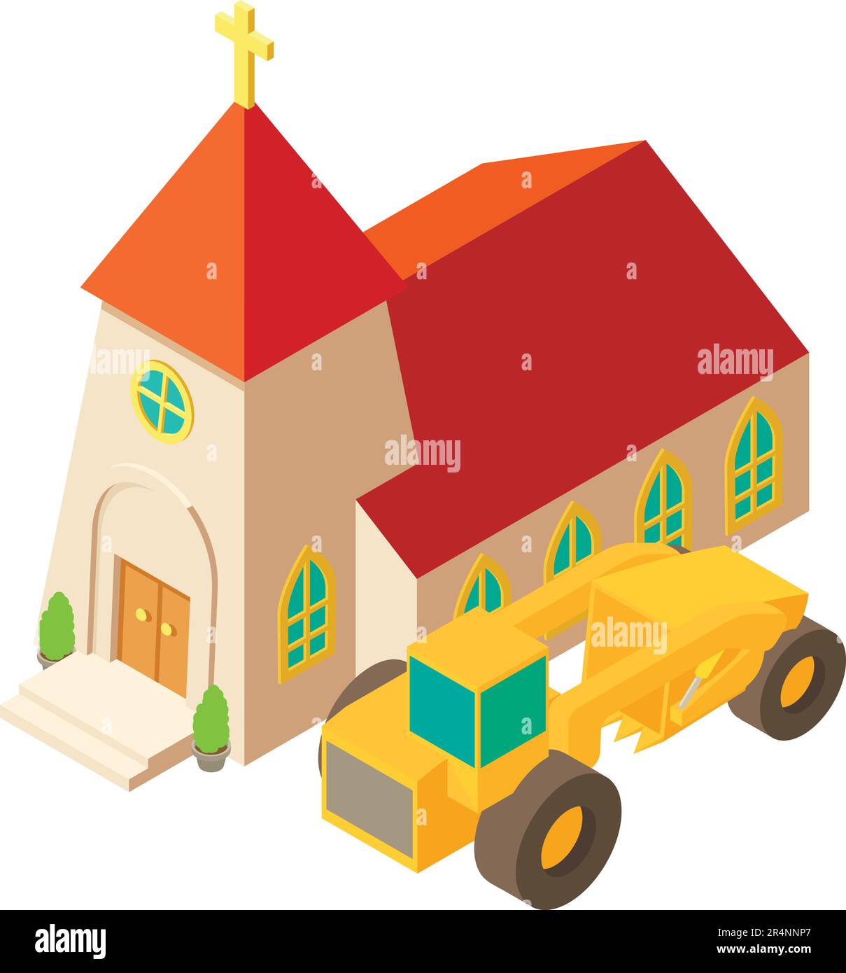 Grader work icon isometric vector. Construction grader near church ...