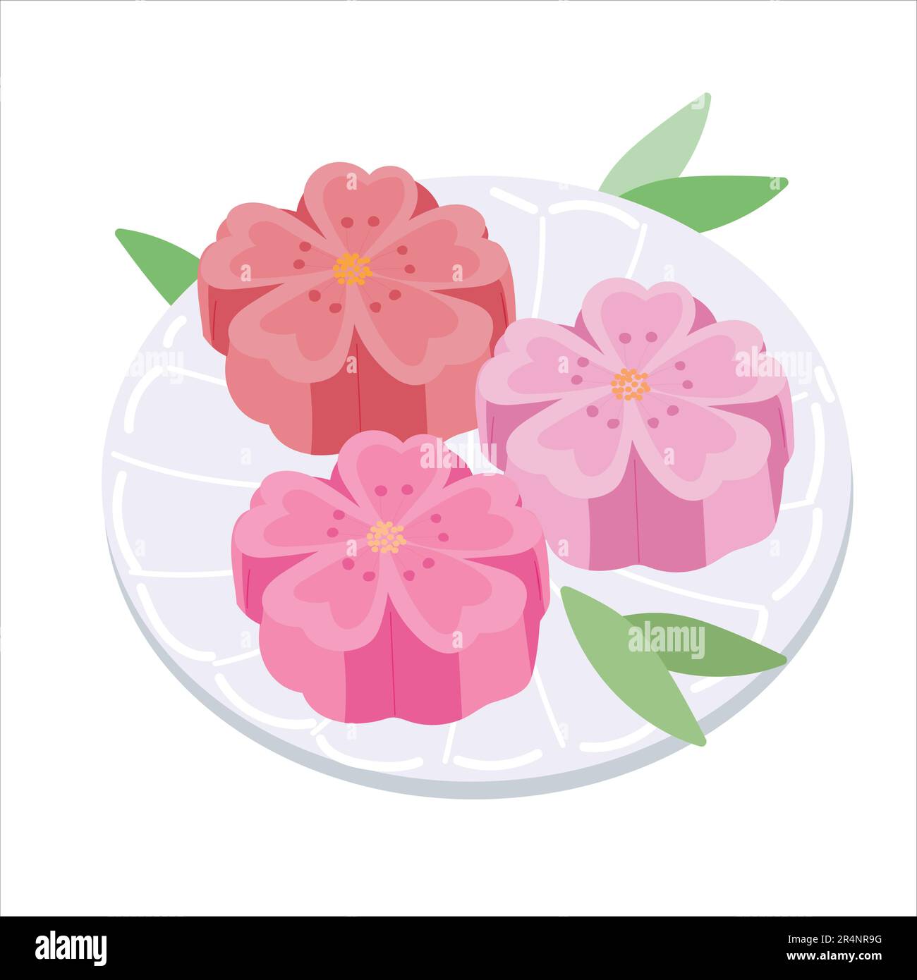 Wagashi mochi. Japan traditional pastry wagashi served on plate. Vector