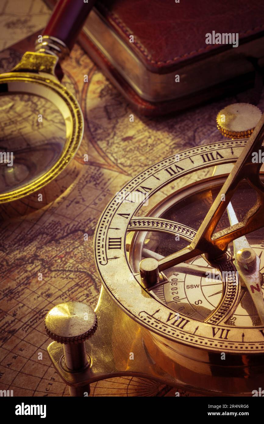 Old compass over ancient map Stock Photo Alamy