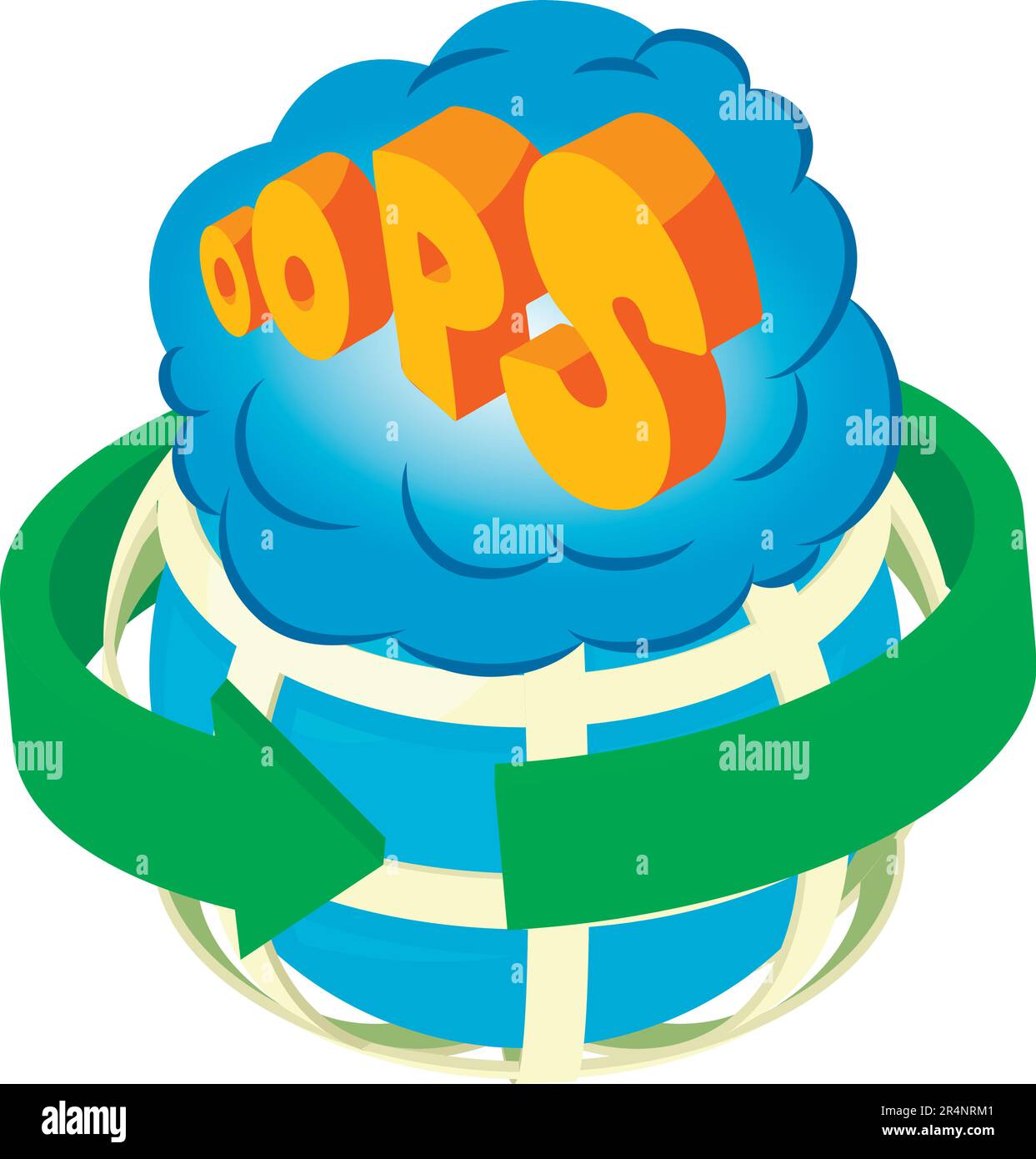 Oops icon isometric vector. Planet grid with green arrow and oops speech bubble. Comic speech bubble Stock Vector