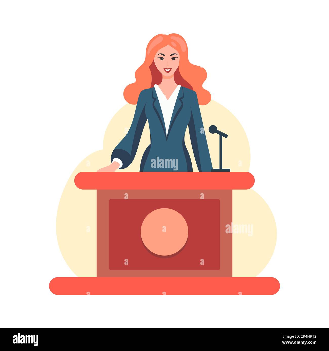 Young woman in a suit behind the podium during a speech. Smiling female
