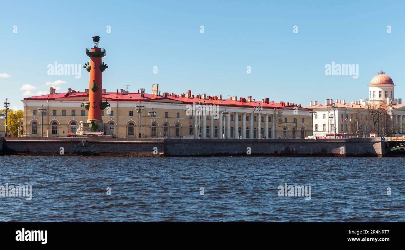 St.Petersburg, Russia. Panoramic cityscape with Rostral column under clear blue sky an a summer day Stock Photo