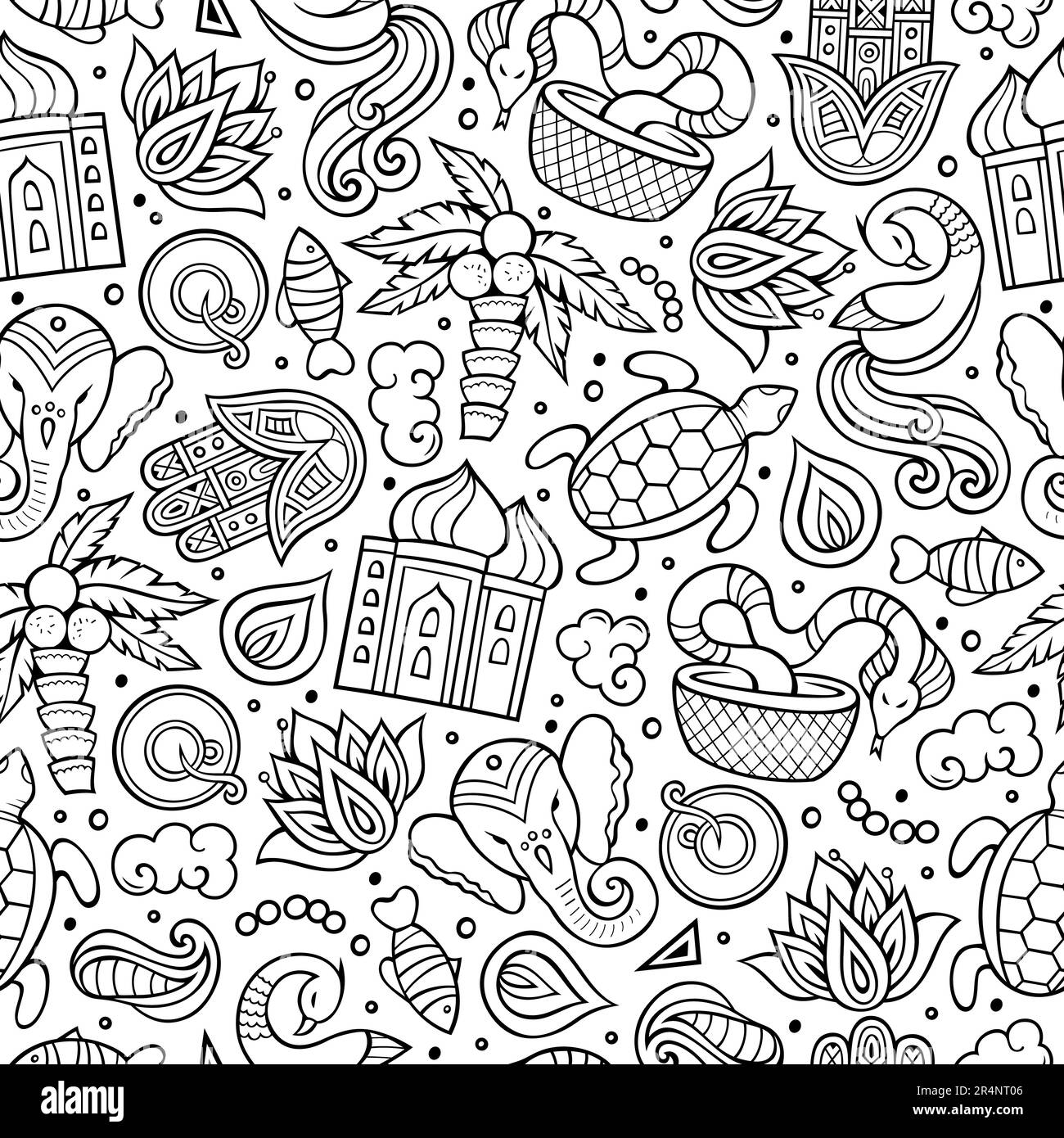 India culture hand drawn doodles seamless pattern. Indian background