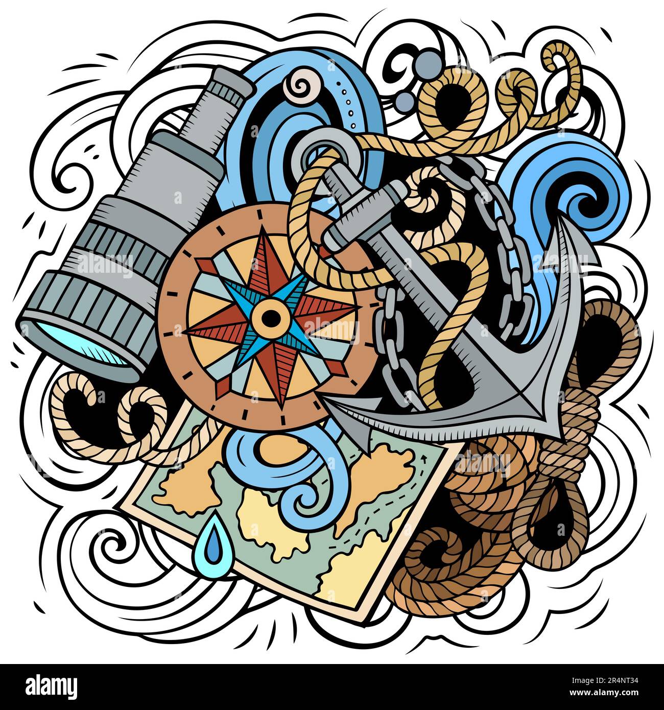 Nautical cartoon vector illustration. Colorful detailed composition with lot of Marine objects and symbols. All items are separate Stock Vector