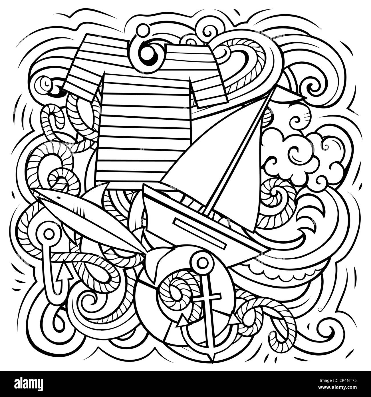 Nautical cartoon vector illustration. Sketchy detailed composition with lot of Marine objects and symbols. All items are separate Stock Vector