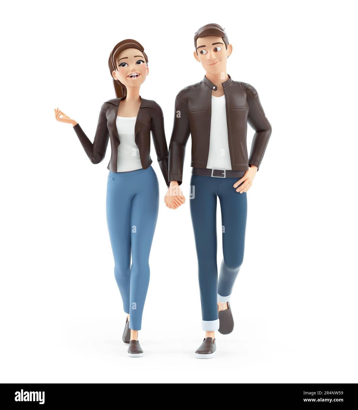 3d cartoon man and woman walking hand in hand, illustration isolated on white background Stock Photo