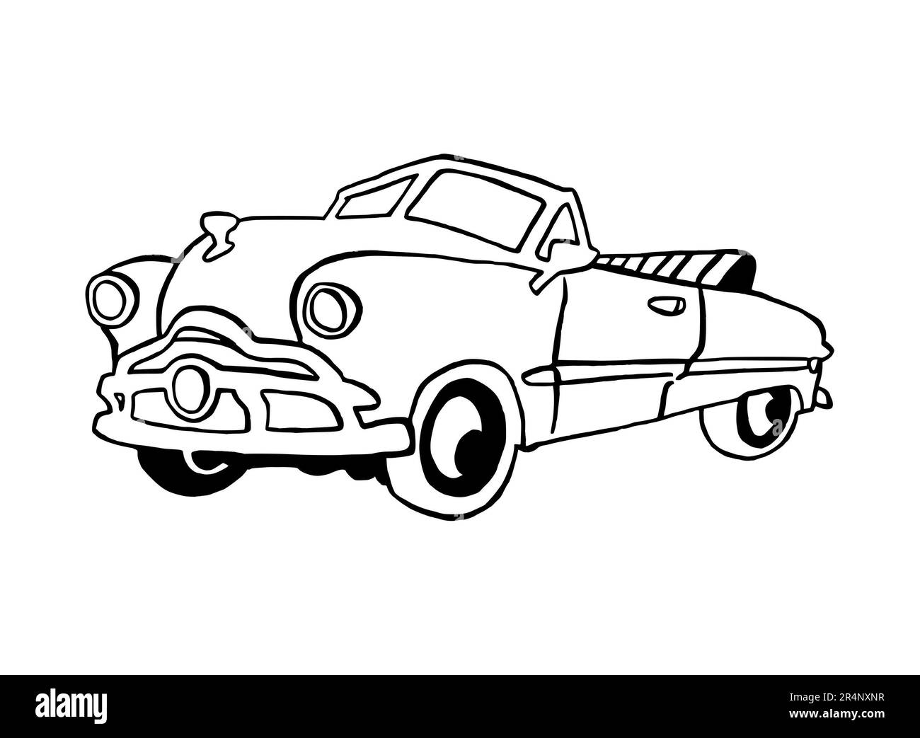 Hand drawn Illustration of a Retro Convertible Car, American, Full sized, isolated on a white background, with black line art Stock Photo