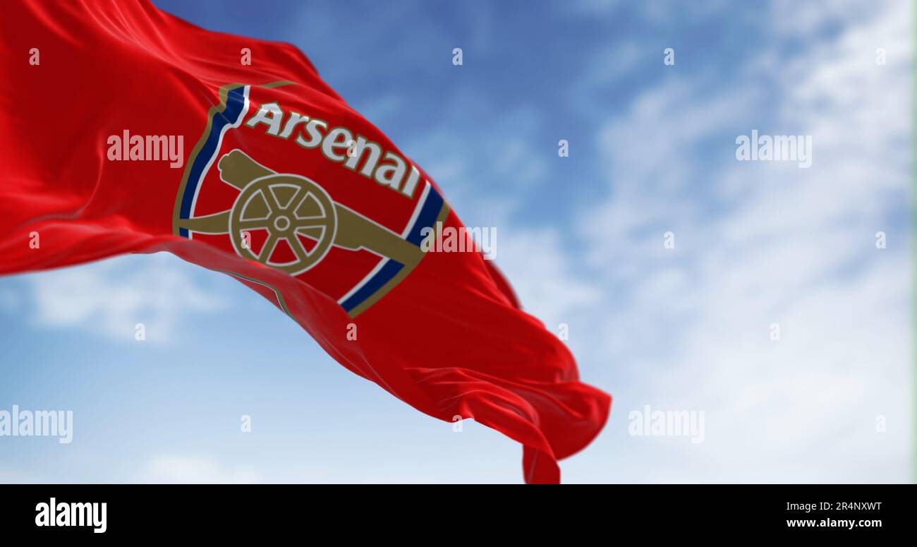 London, UK, May 2023: Arsenal Football Club flag waving on a clear day. English professional football club. illustrative editorial 3d illustration ren Stock Photo