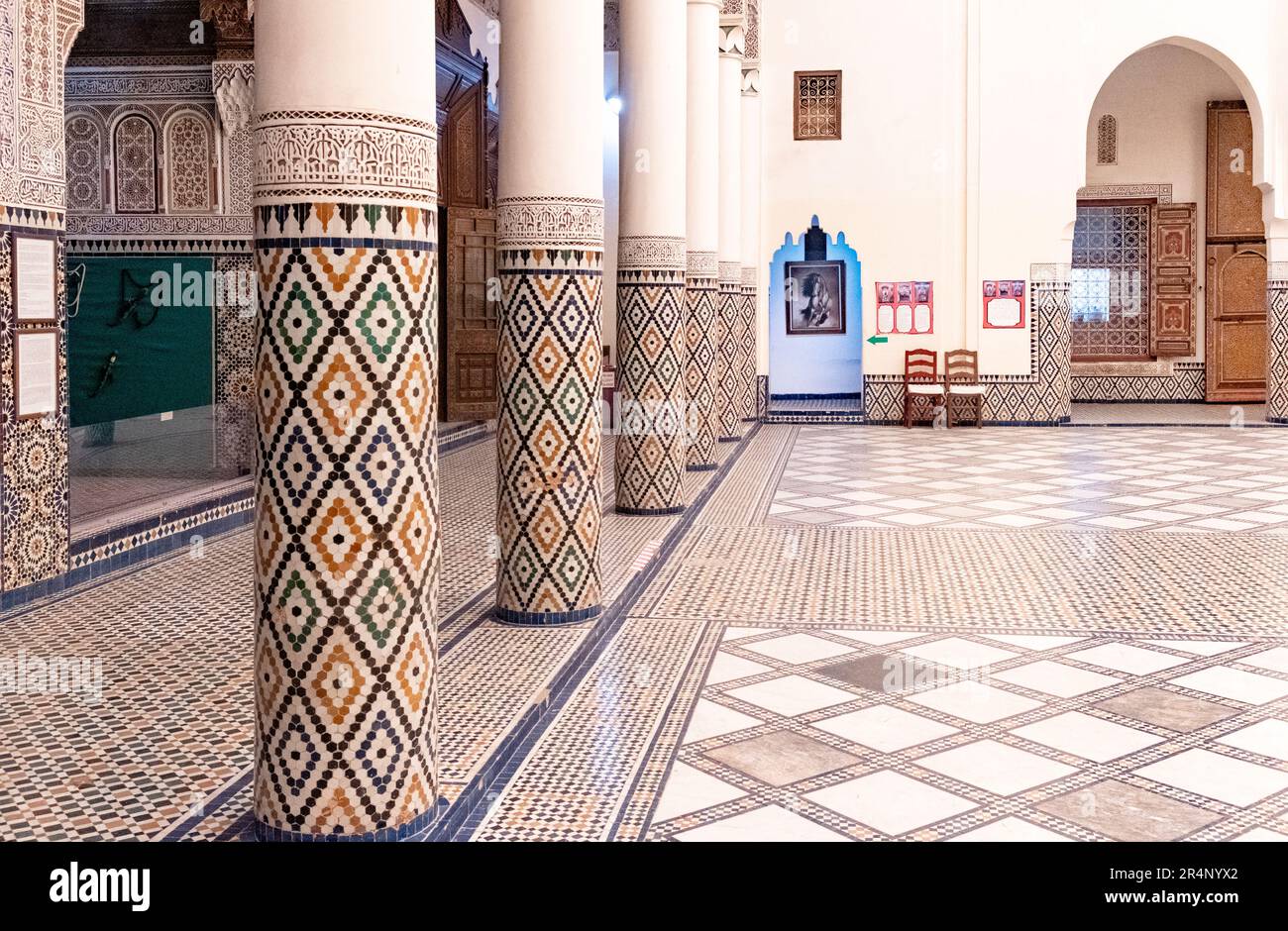 The inner courtyard of the Musee de Marrakech or museum of Marrakesh. The building is the former Dar Minebhi Palace decorated with zellij tilework Stock Photo
