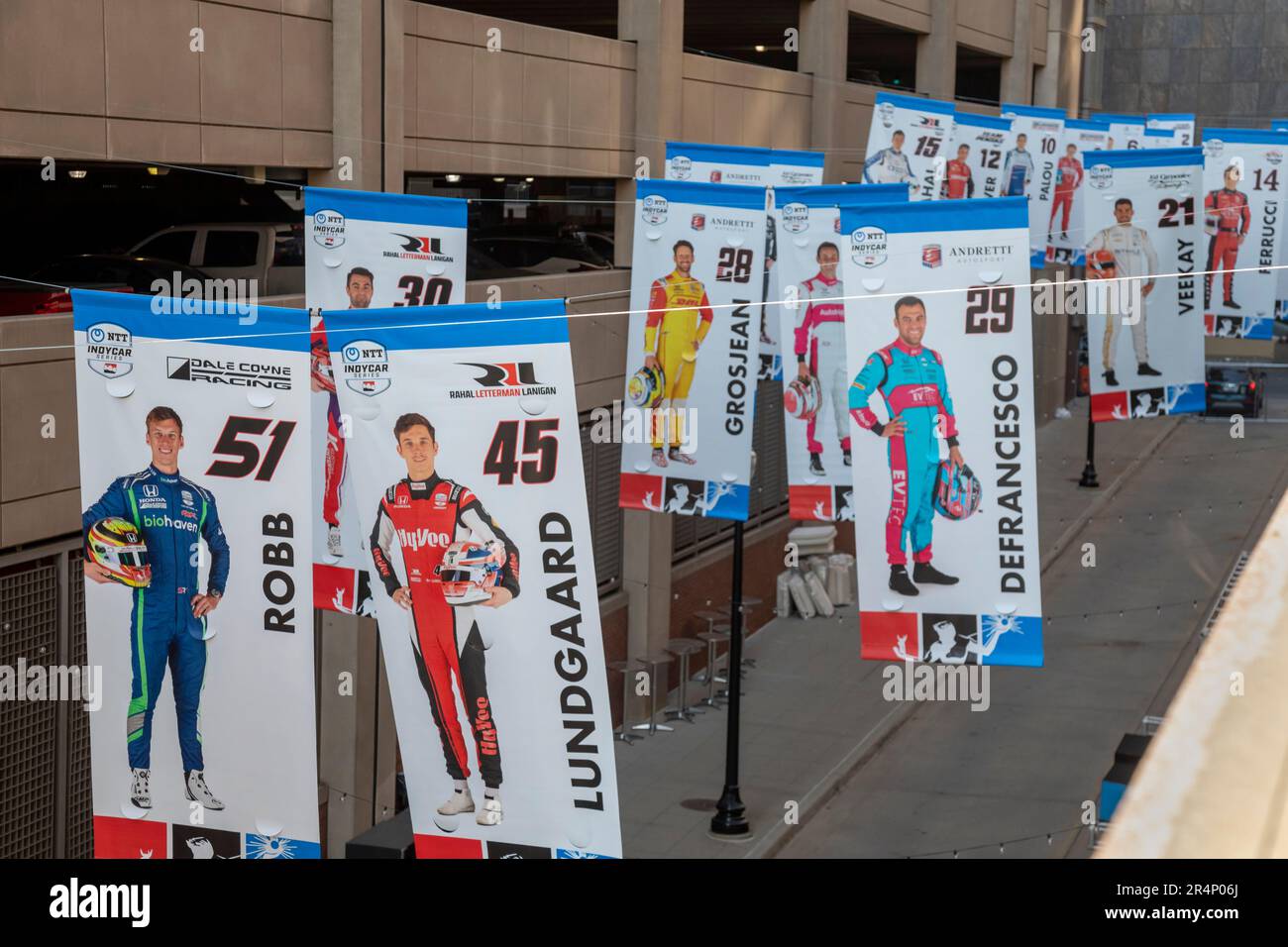 Detroit, Michigan, USA. 29th May, 2023. Banners showing Indycar drivers are displayed as downtown Detroit is transformed into a race track for the Detroit Grand Prix, which will be held June 2-4, 2023. The event will be Detroit's 33rd Grand Prix, but the first since 1992 on downtown streets. Credit: Jim West/Alamy Live News Stock Photo