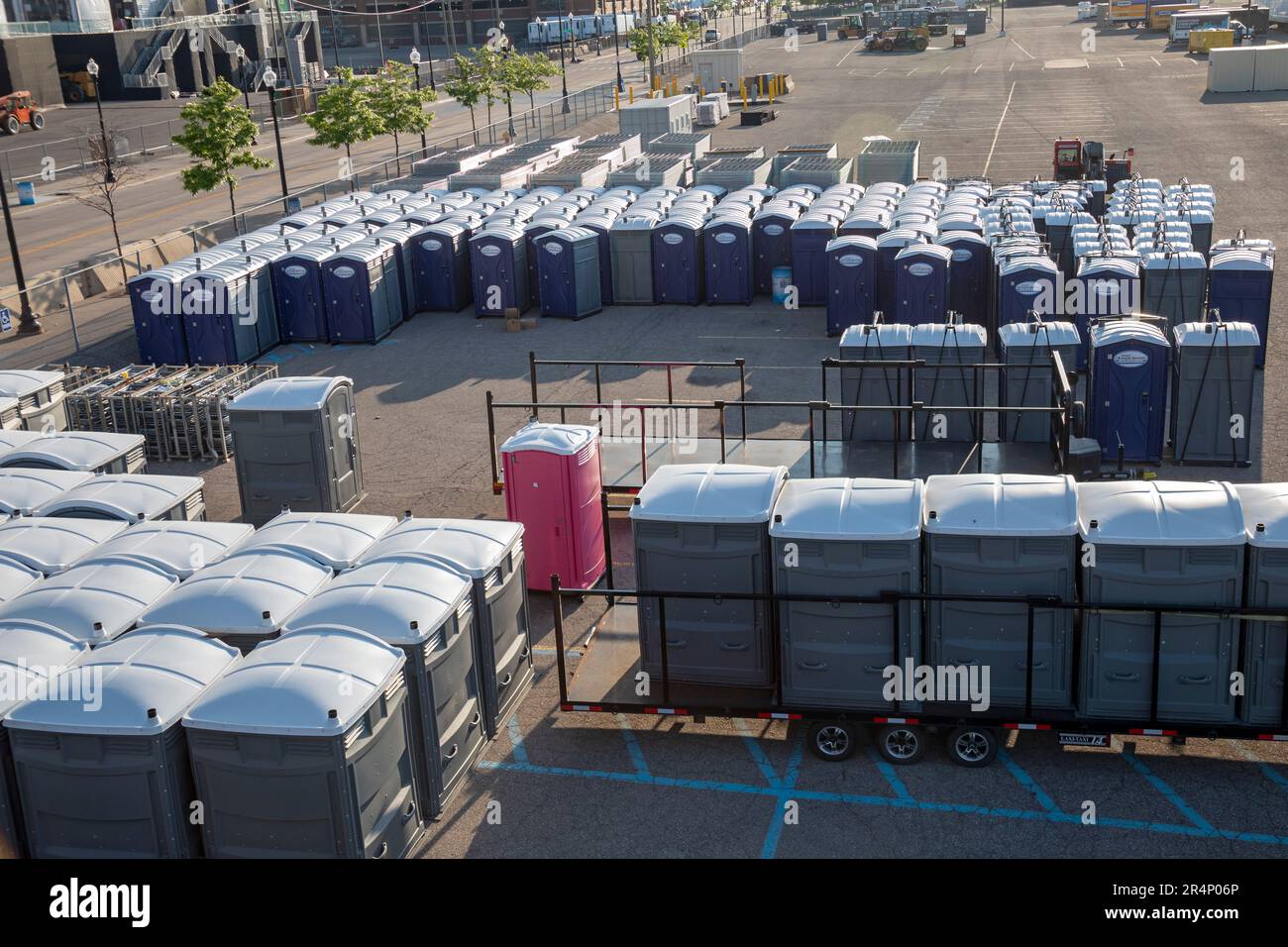 Detroit, Michigan, USA. 29th May, 2023. Downtown Detroit is being transformed into a race track for the Detroit Grand Prix, which will be held June 2-4, 2023. The event will be Detroit's 33rd Grand Prix, but the first since 1992 on downtown streets. Portable toilets are stockpiled for race fans. Credit: Jim West/Alamy Live News Stock Photo