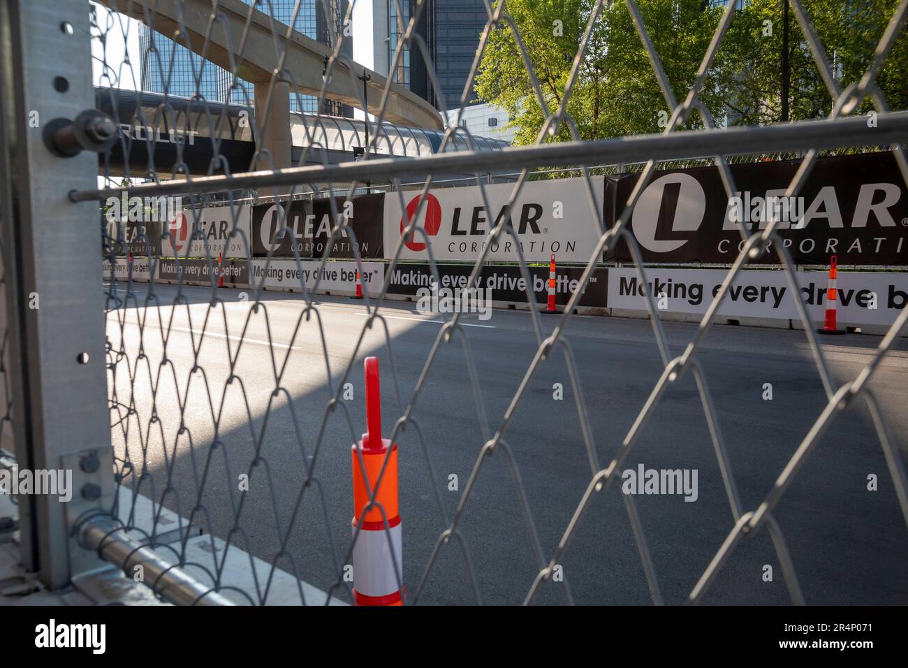 Detroit, Michigan, USA. 29th May, 2023. Downtown Detroit is being transformed into a race track for the Detroit Grand Prix, which will be held June 2-4, 2023. The event will be Detroit's 33rd Grand Prix, but the first since 1992 on downtown streets. Credit: Jim West/Alamy Live News Stock Photo