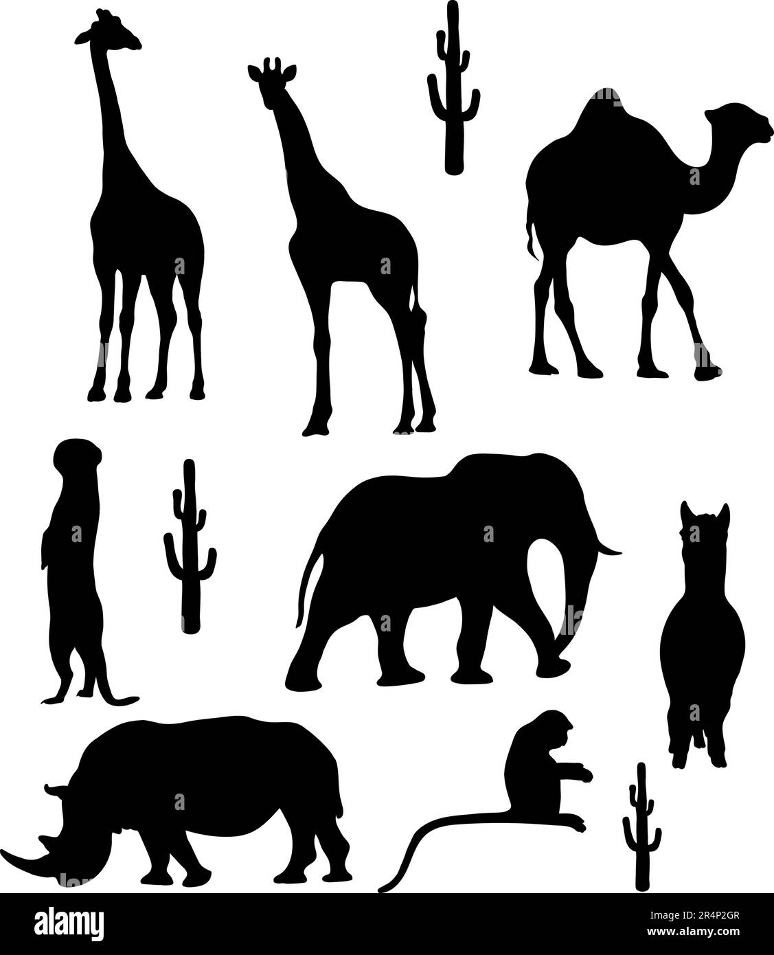 Collection silhouettes of tropical wild African animals. Vector illustration. Isolated hand drawings rhinoceros, giraffe, meerkat, camel, monkey, elep Stock Vector