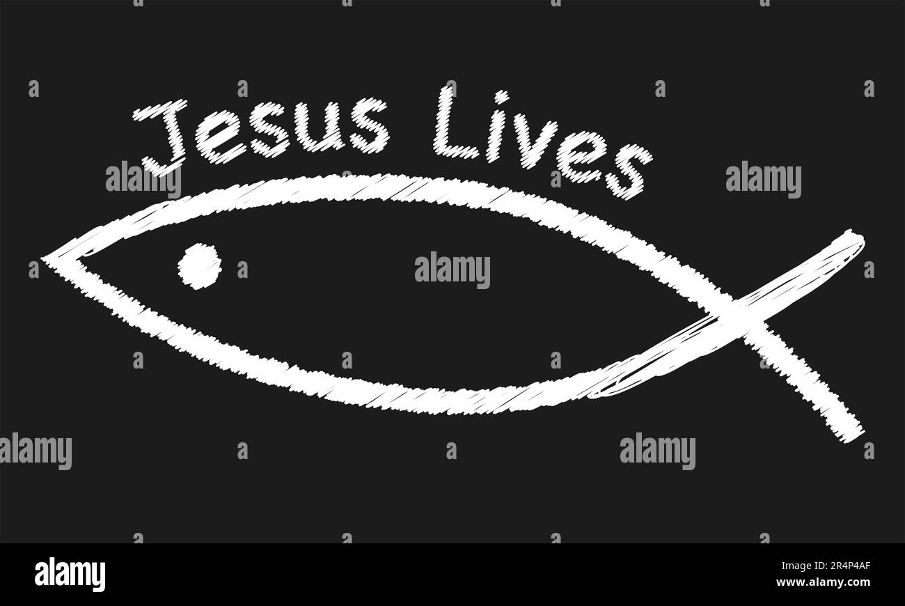 A blackboard with a large Christian fish drawing in white chalk with the legend Jesus Lives Stock Photo