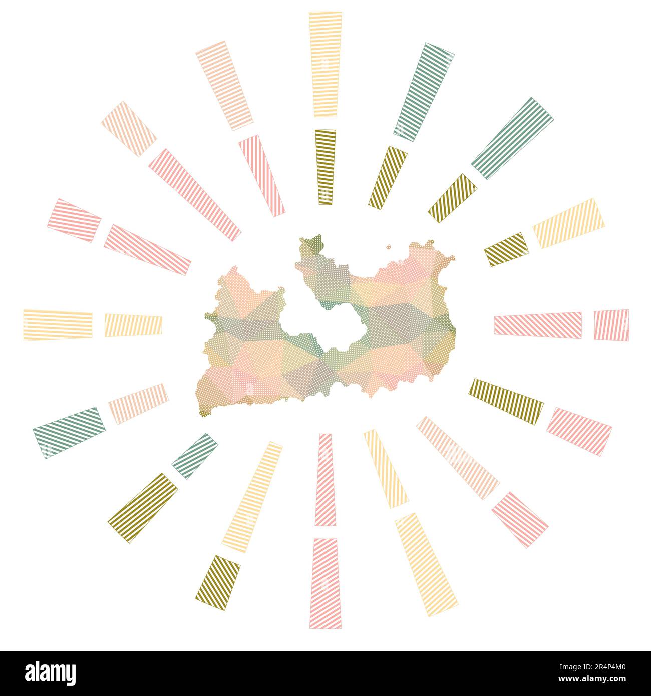 Milos sunburst. Low poly striped rays and map of the island. Elegant vector illustration. Stock Vector