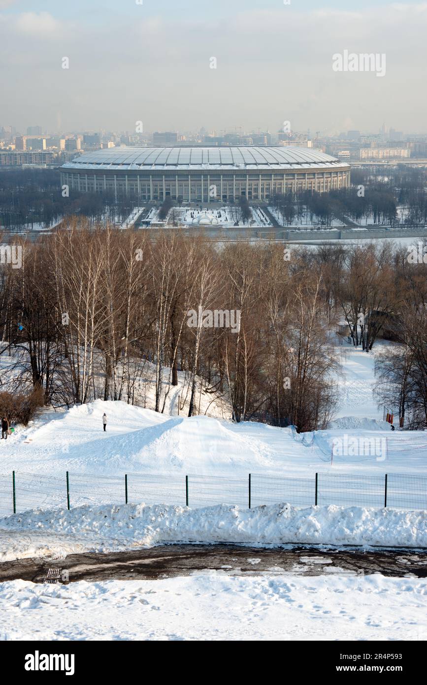 The Luzhniki Stadium in Moscow, long shot in the snow Stock Photo