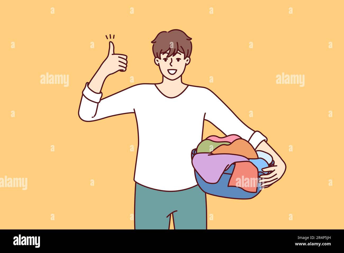 Man householder with laundry in basin shows thumbs up quality laundry detergent