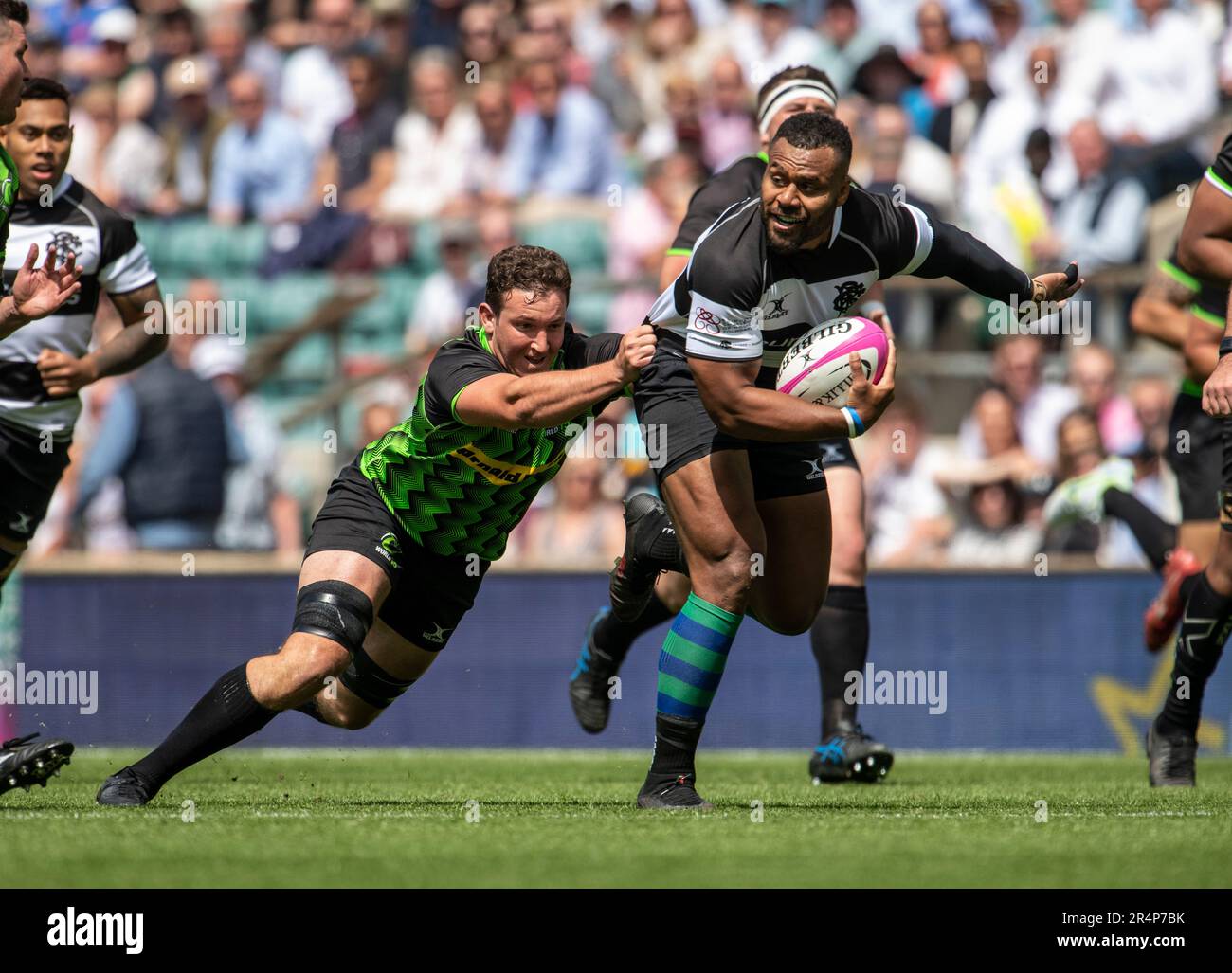 Samu Kerevi of the Barbarians in action during the Killik Cup match between Barbarians and World XV at Twickenham Stadium on May 28, 2023 in London, E Stock Photo