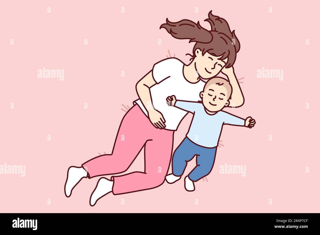 Little girl hugging newborn brother lying in bed and falling asleep together for happy childhood concept. Caring preteen sister near carelessly sleeping little toddler resting after day walk Stock Vector
