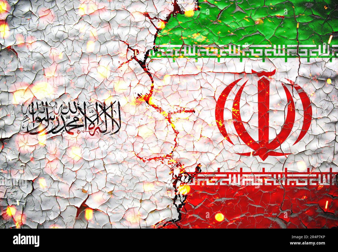 taliban and iran flag paint over on cracked wall. taliban vs iran concept. Stock Photo