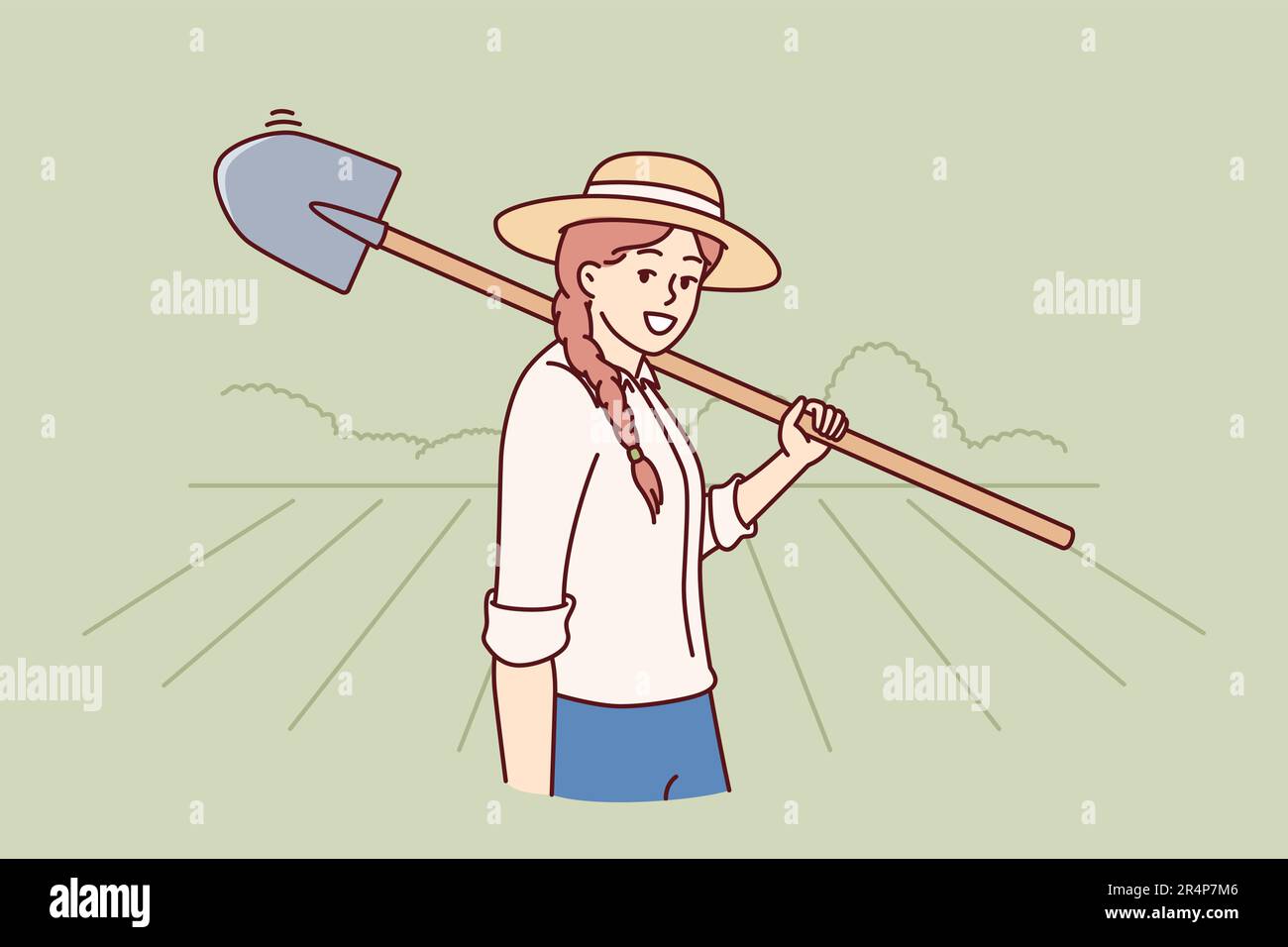 Woman farmer with shovel to prepare land for planting seeds or digging up crop. Girl farmer holding shovel and smiling looks at screen working enjoying working in agricultural business Stock Vector