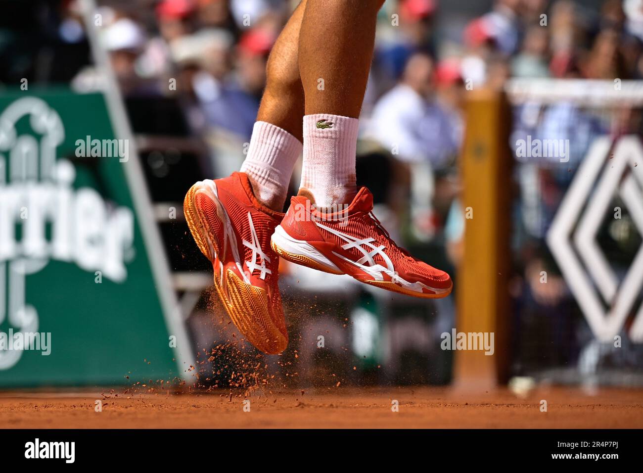 Paris, France. 29th May 2023: Roland Garros, Paris, France; The French Open  tennis championships; The feet of Novak Djokovic ( Serbia ) during his 3-0  win over Alexsandar Kovacevic ( USA )