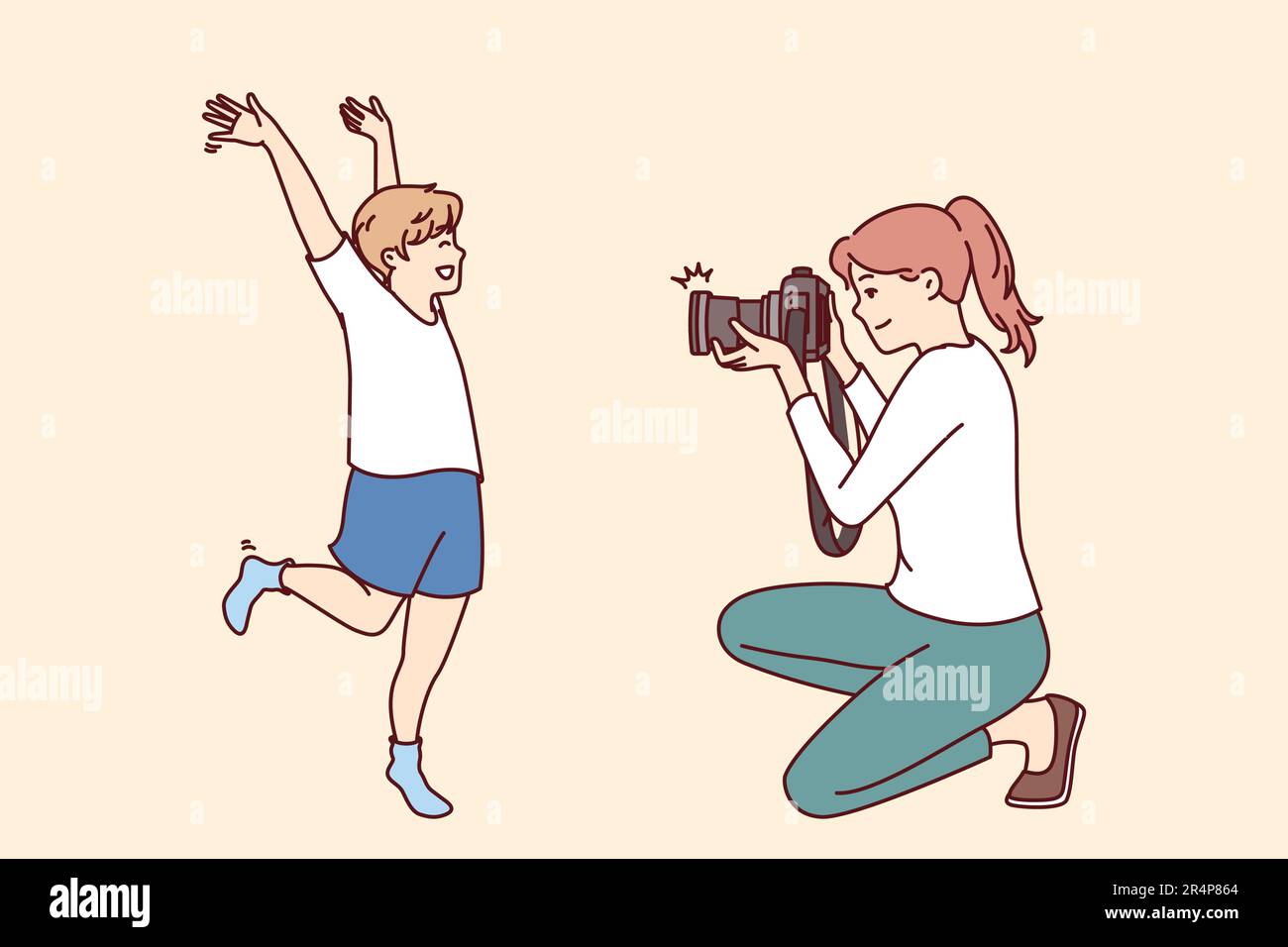 Photographer mother and little boy make professional photoshoot to