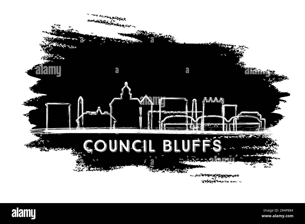 Council Bluffs Iowa USA City Skyline Silhouette. Hand Drawn Sketch. Business Travel and Tourism Concept with Historic Architecture. Stock Vector
