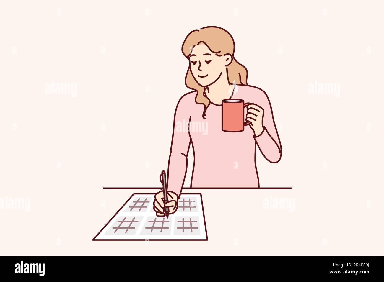 Woman solves sudoku puzzle and drinks hot tea enjoying math brain teasers. Young girl with sudoku puzzles on paper demonstrates high IQ, coping with mathematical examples with ease Stock Vector
