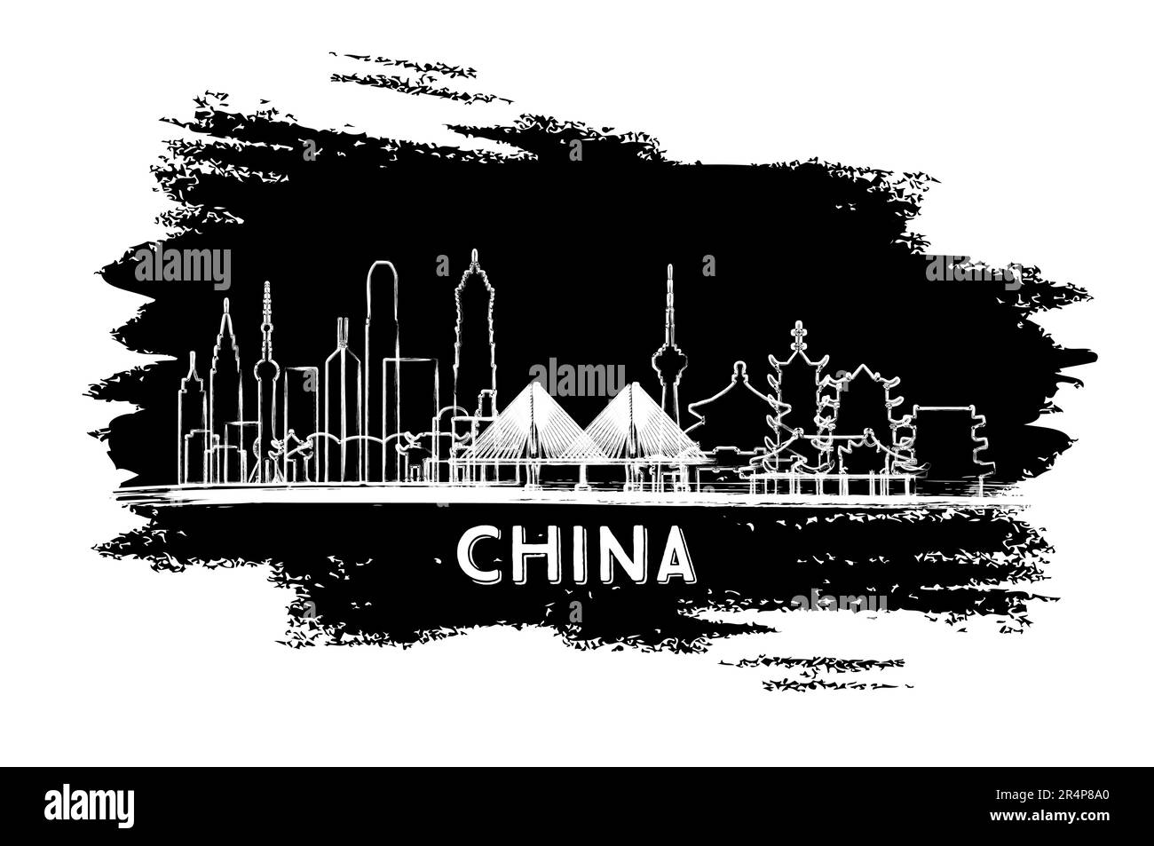 China City Skyline Silhouette. Hand Drawn Sketch. Business Travel and Tourism Concept with Modern Architecture. Vector Illustration. Stock Vector