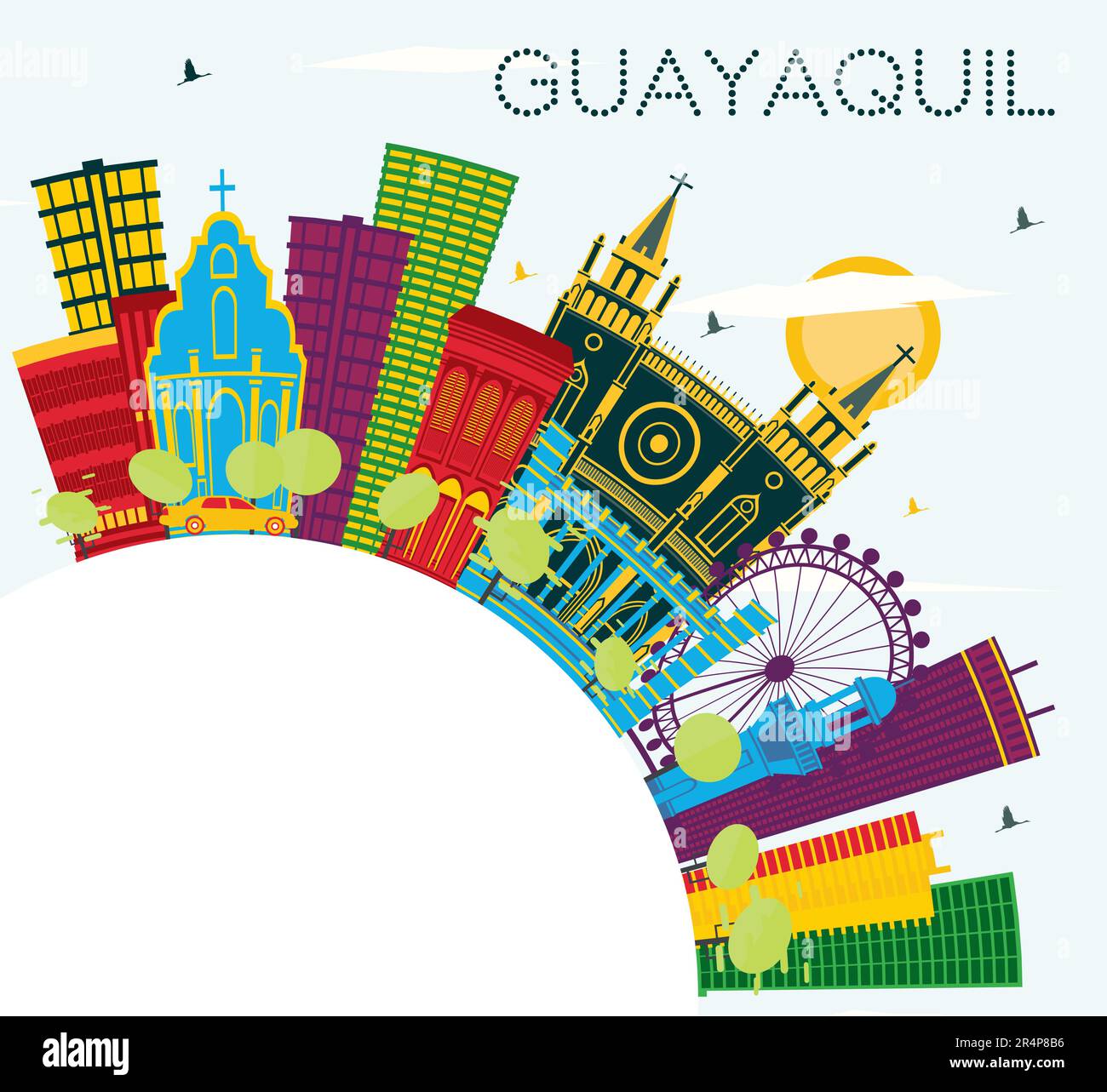 Guayaquil Ecuador City Skyline with Color Buildings, Blue Sky and Copy