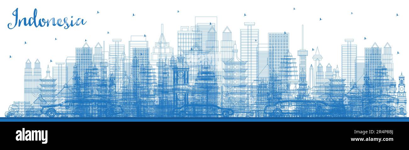 Outline Indonesia Cities Skyline with Blue Buildings. Vector Illustration. Tourism Concept with Historic Architecture. Indonesia Cityscape. Stock Vector