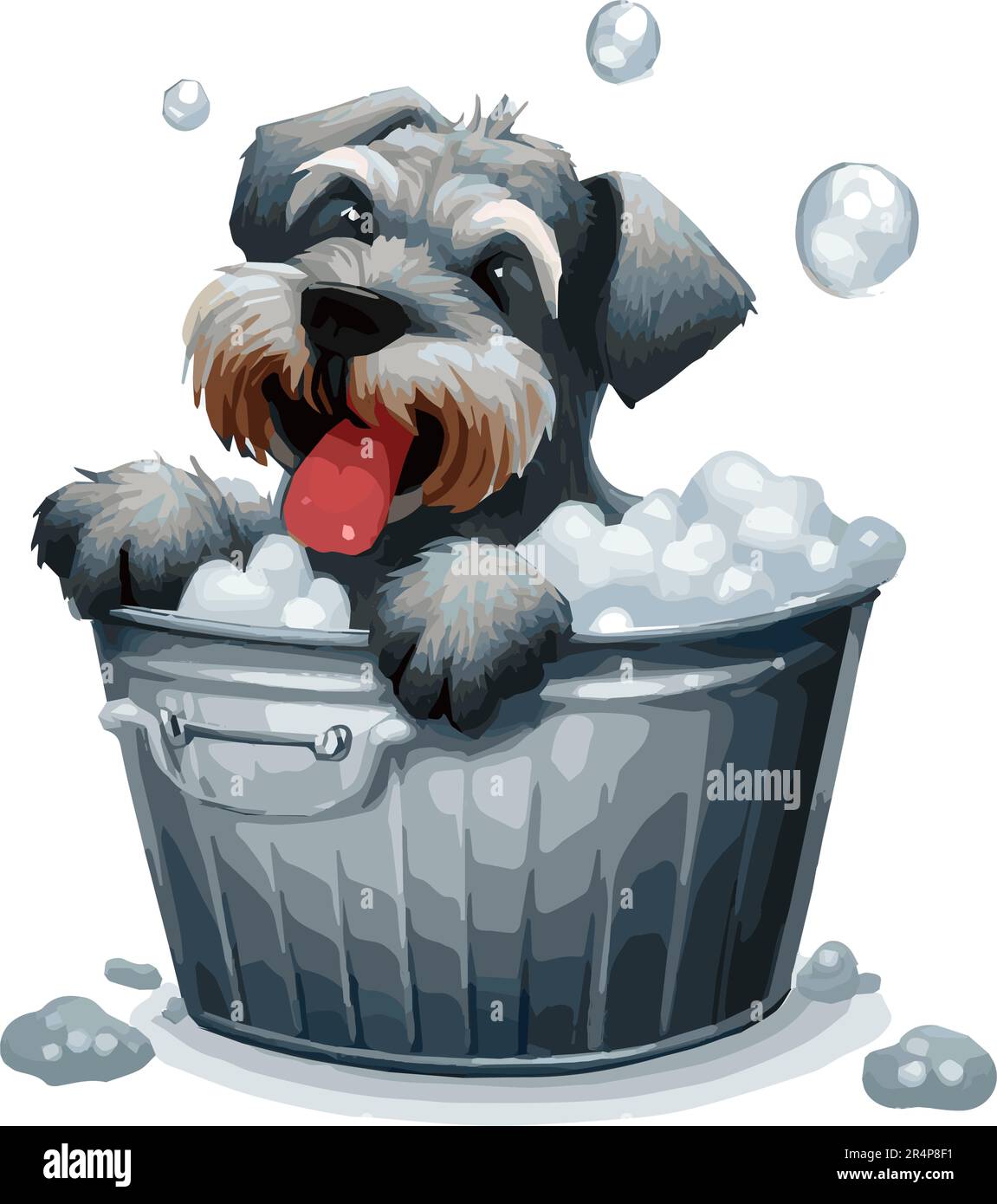 Cute cartoon dog taking bath on a metallic bucket isolated on white
