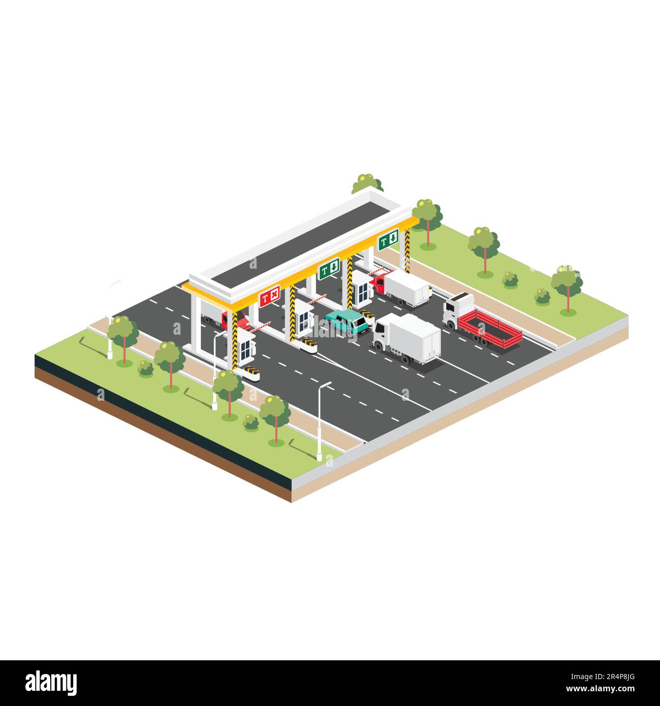 Isometric Toll Road with Trucks and Cars. Payment Checkpoint. Toll Collection Area in the Turnpike. Vector Illustration. Landscape with Trees. Stock Vector
