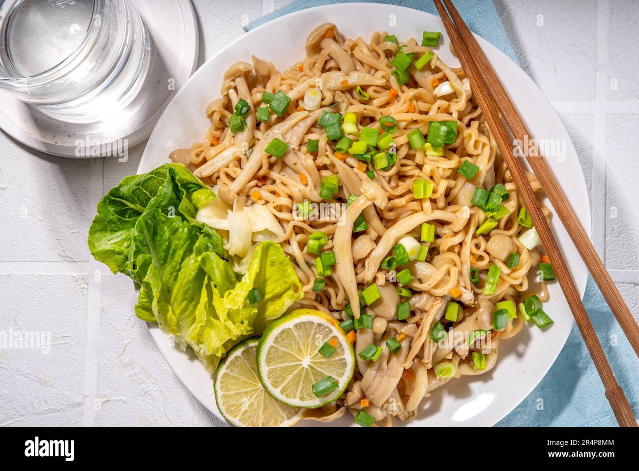 Asian shimeji noodles dish. Chow Mein noodles pasta, with stir fried
