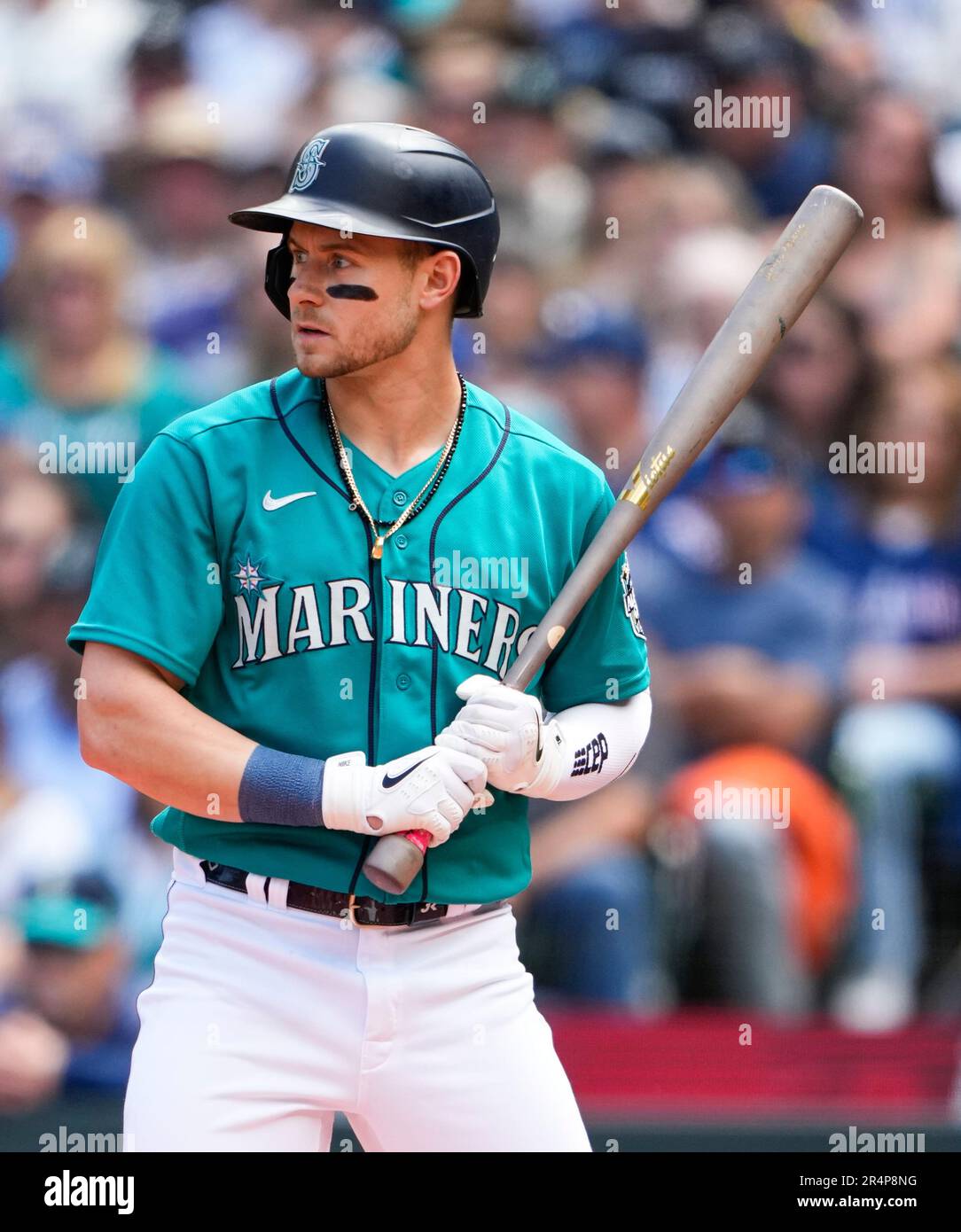Seattle Mariners' Jarred Kelenic looks for a pitch during an atbat