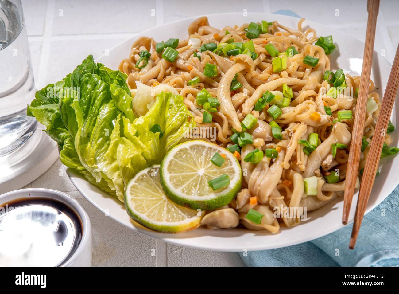 Asian shimeji noodles dish. Chow Mein noodles pasta, with stir fried