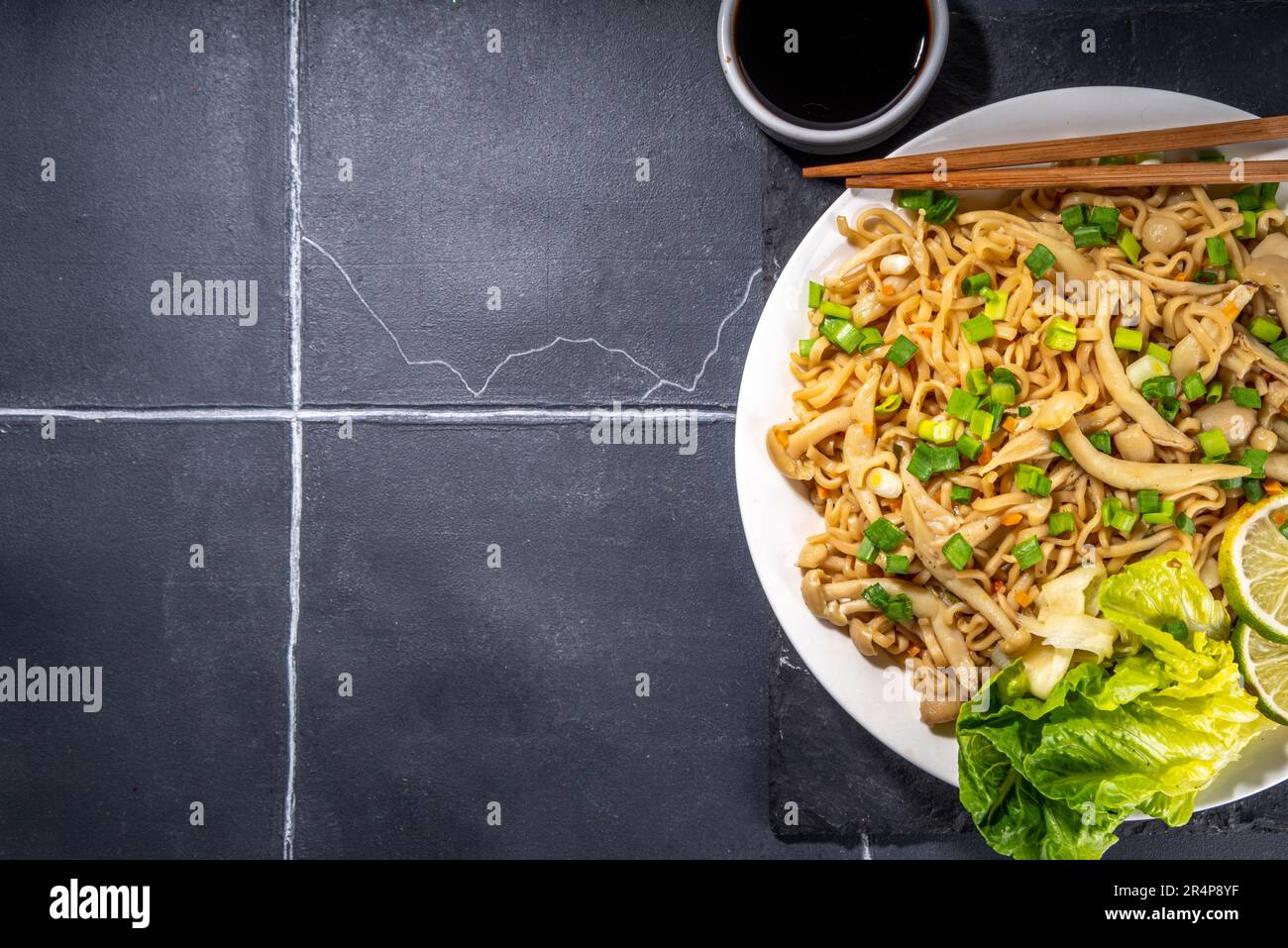 Asian shimeji noodles dish. Chow Mein noodles pasta, with stir fried