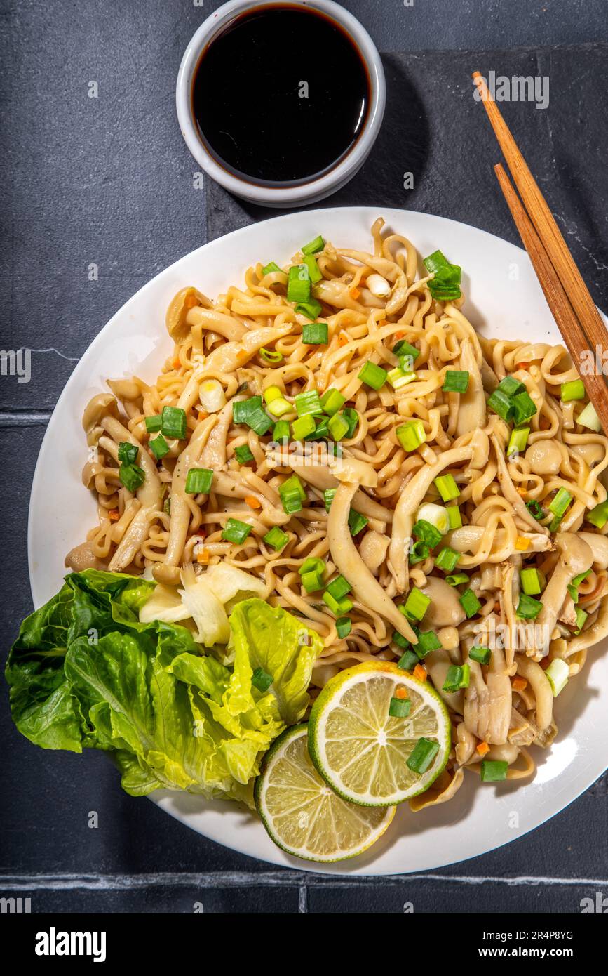 Asian shimeji noodles dish. Chow Mein noodles pasta, with stir fried