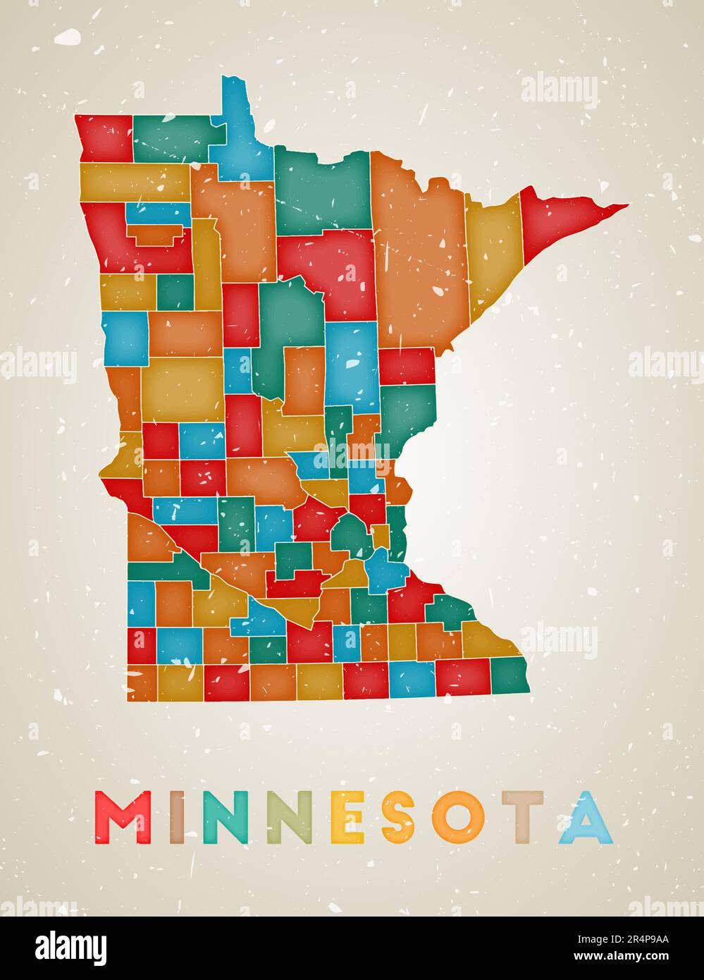 Minnesota map. Us state poster with colored regions. Old grunge texture