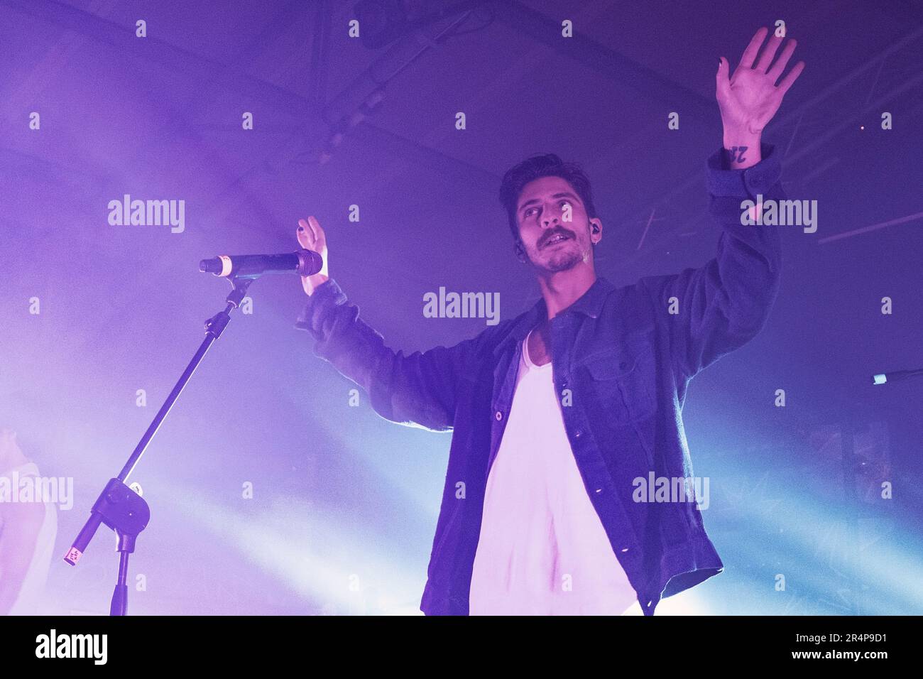 Alessandro De Santis of the Italian band Santi Francesi performs live during a concert at Largo Venue in Rome. Stock Photo