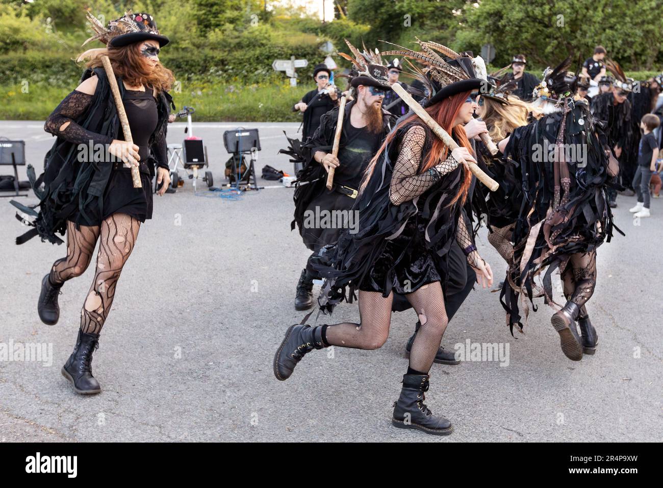 The Beltane Border Morris pictured during an evening performance on the edge of Dartmoor, Devon, UK. Stock Photo