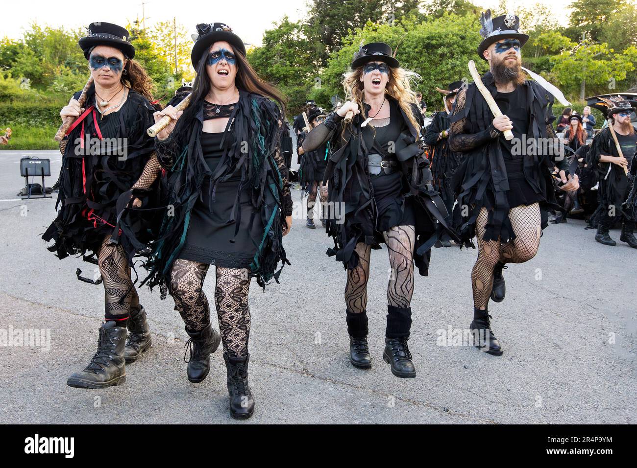 The Beltane Border Morris pictured during an evening performance on the edge of Dartmoor, Devon, UK. Stock Photo