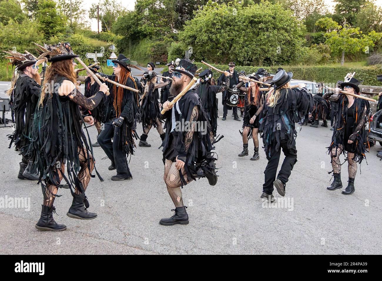 The Beltane Border Morris pictured during an evening performance on the edge of Dartmoor, Devon, UK. Stock Photo