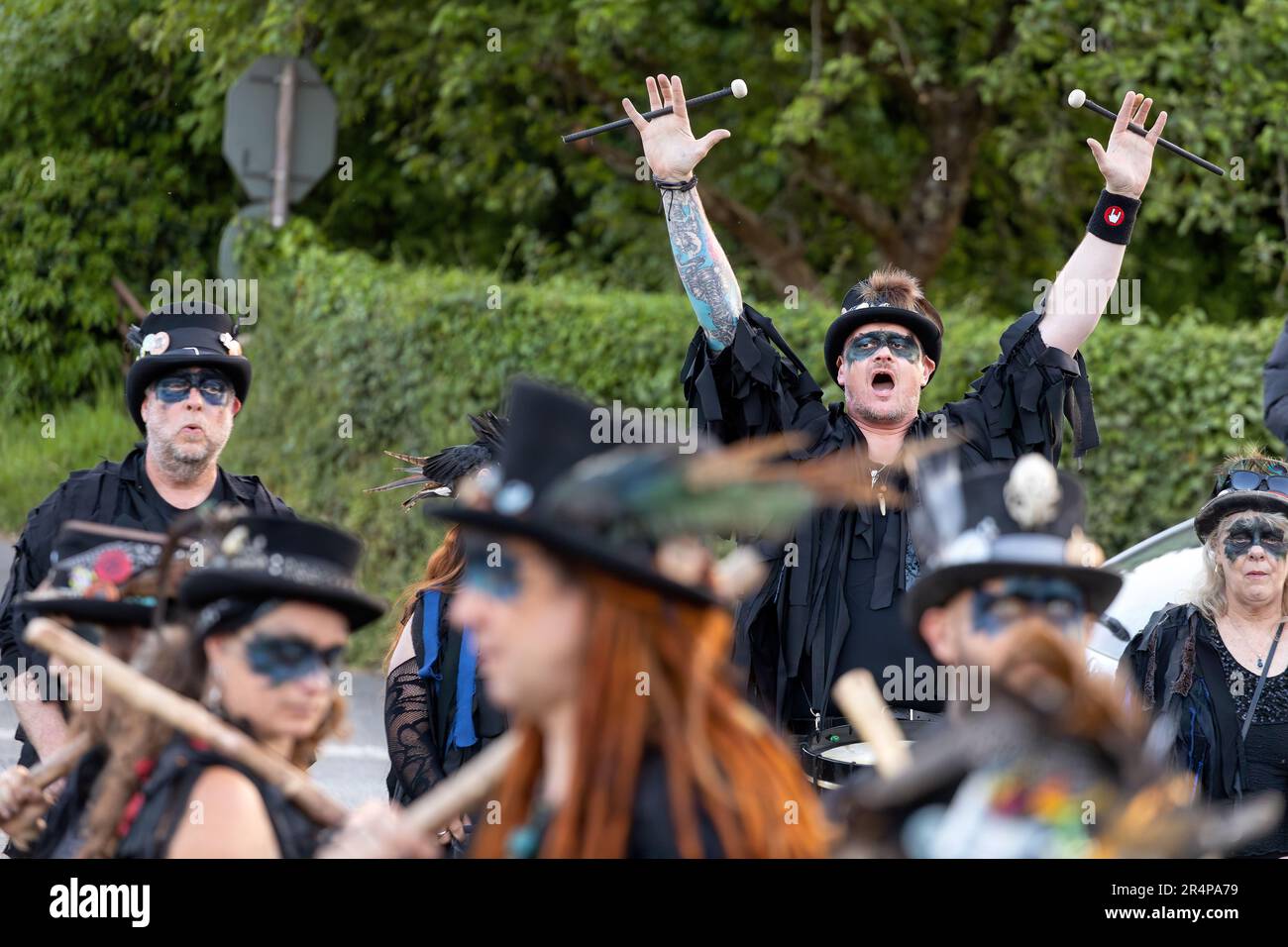 The Beltane Border Morris pictured during an evening performance on the edge of Dartmoor, Devon, UK. Stock Photo