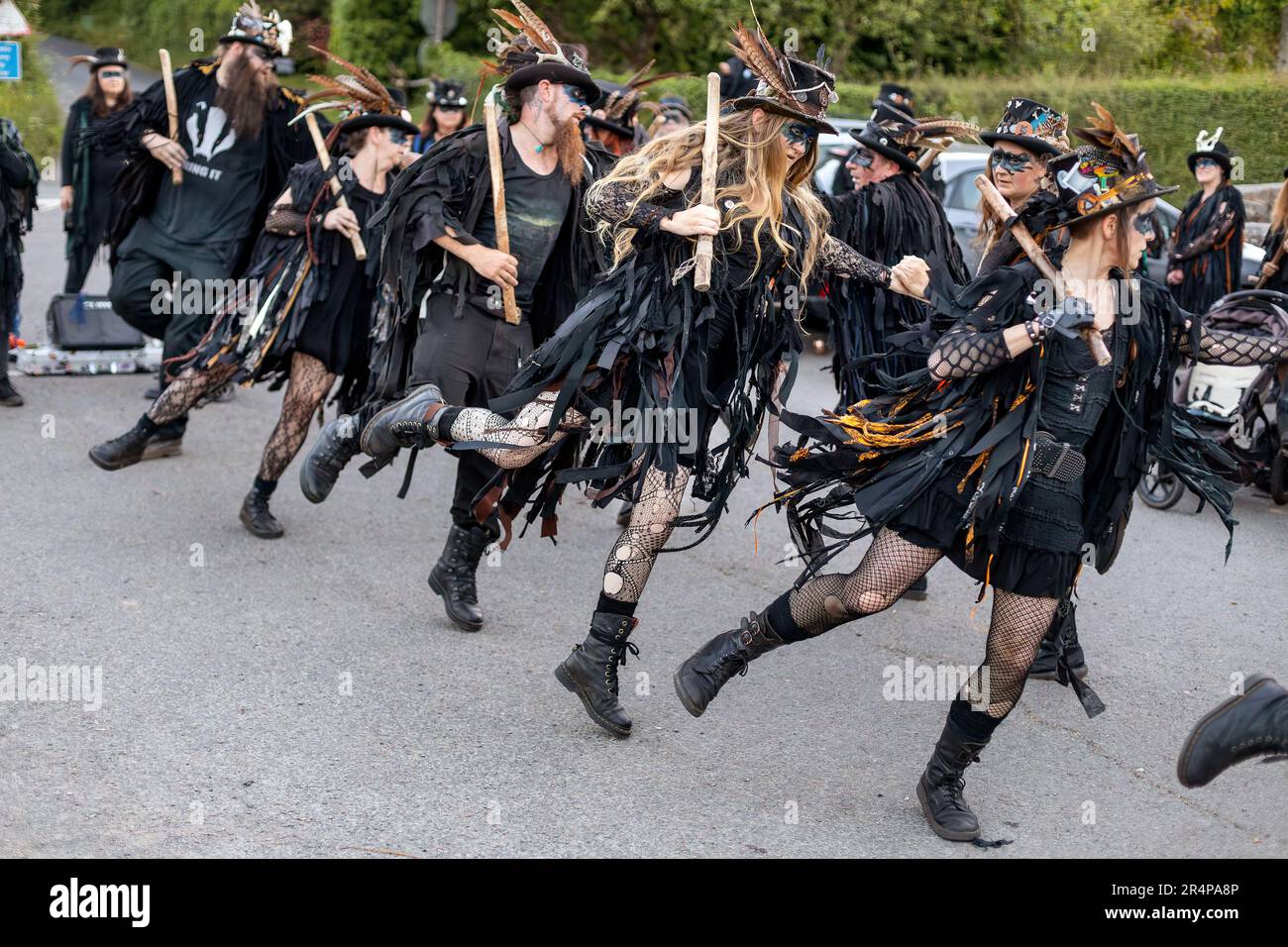The Beltane Border Morris pictured during an evening performance on the edge of Dartmoor, Devon, UK. Stock Photo