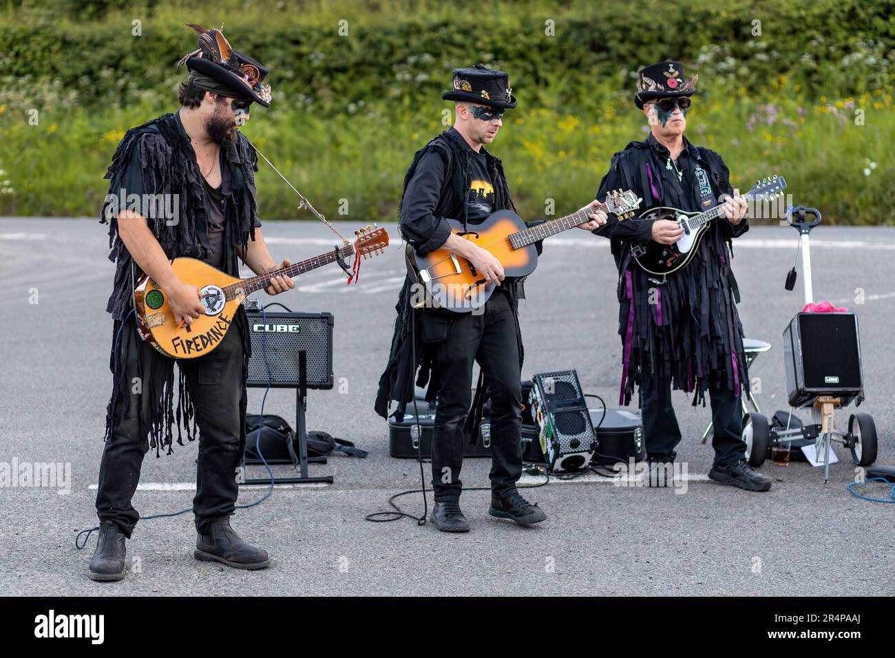 The Beltane Border Morris pictured during an evening performance on the edge of Dartmoor, Devon, UK. Stock Photo