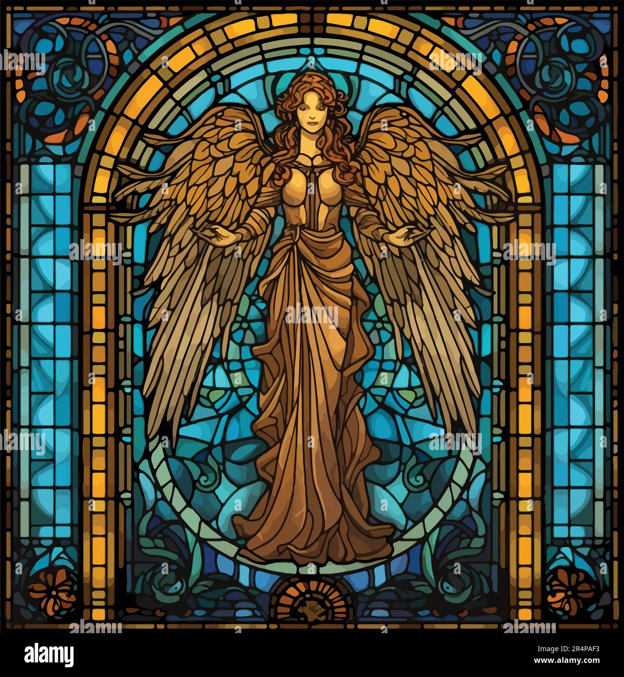 Stained glass window vector rectangular blue and gold window with