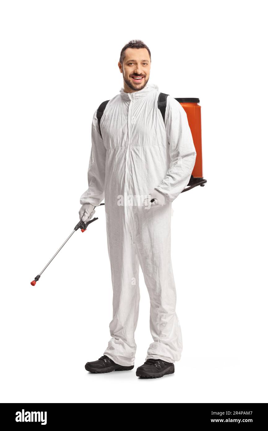 Full length shot of a pest control worker in a white suit holding a sprayer isolated on white background Stock Photo